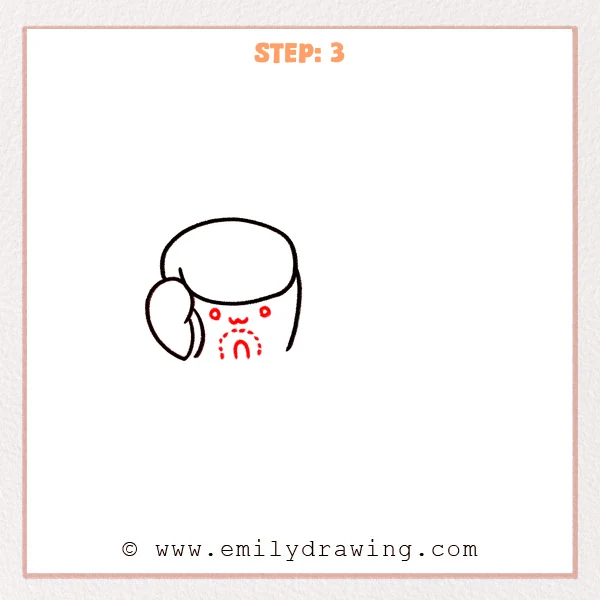 how to draw a boxing gloves - Step 3 of an easy boxing gloves drawing showing two dot eyes, a small cute mouth, and a dotted stitched patch detail on the glove front.